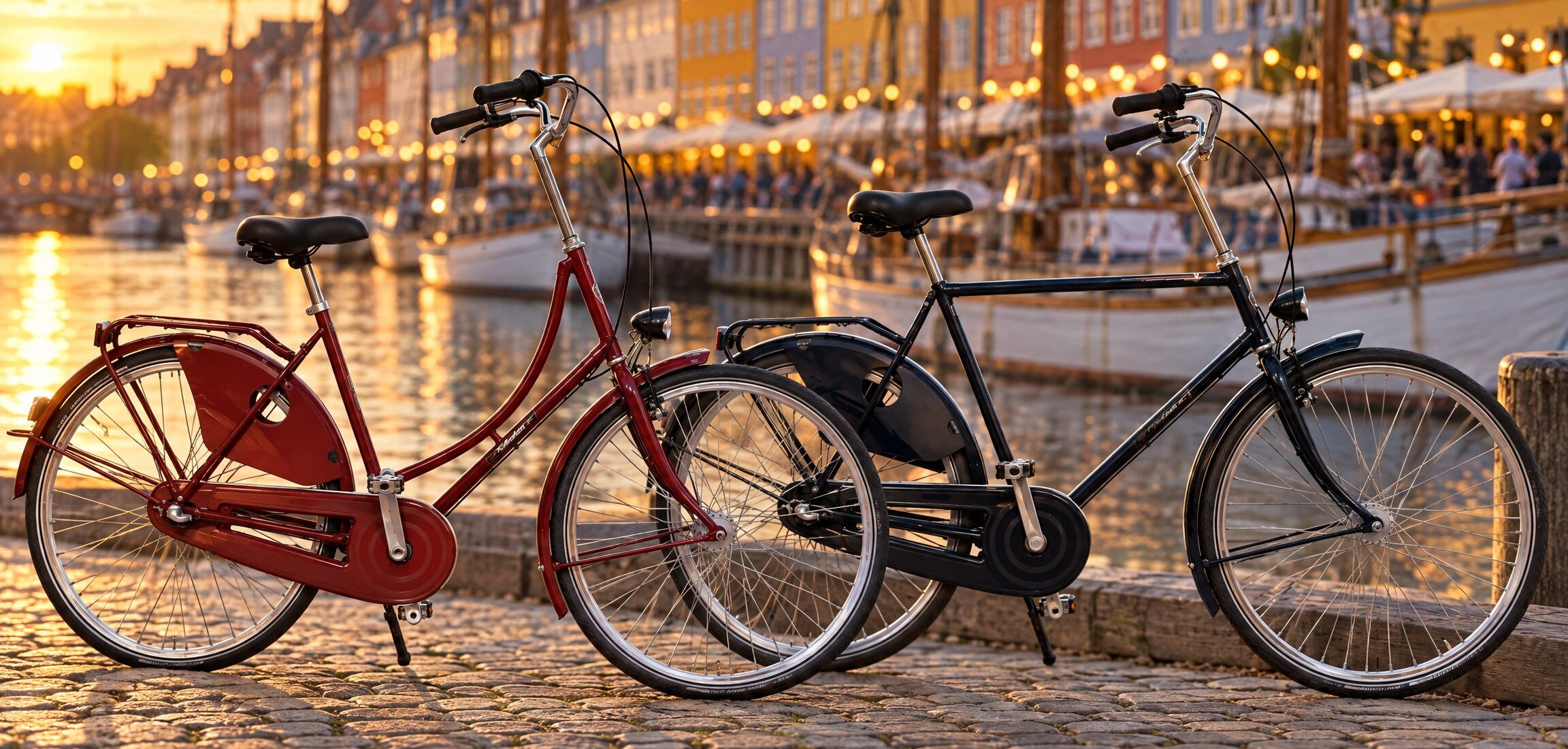København damecykel vinrød og herrecykel mørkeblå parkeret ved kajen i Nyhavn